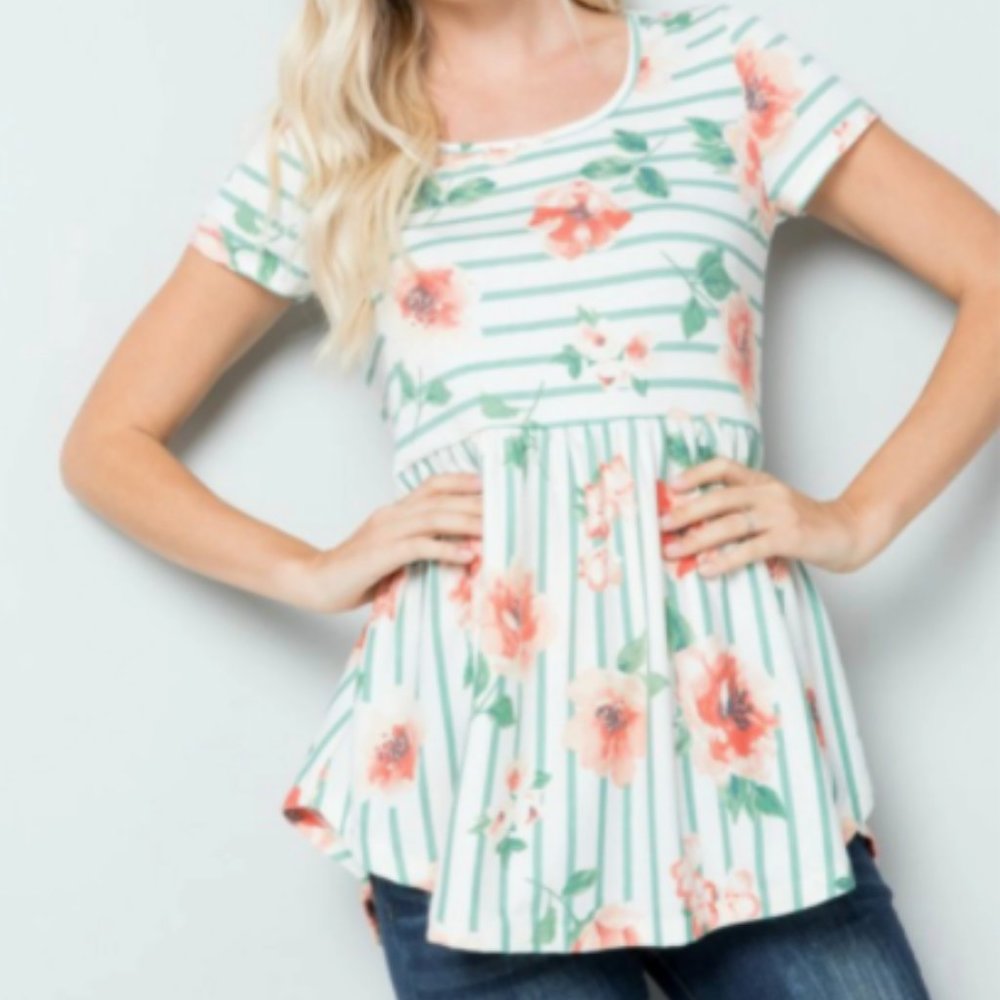 Mint Stripe/Floral Babydoll Top
